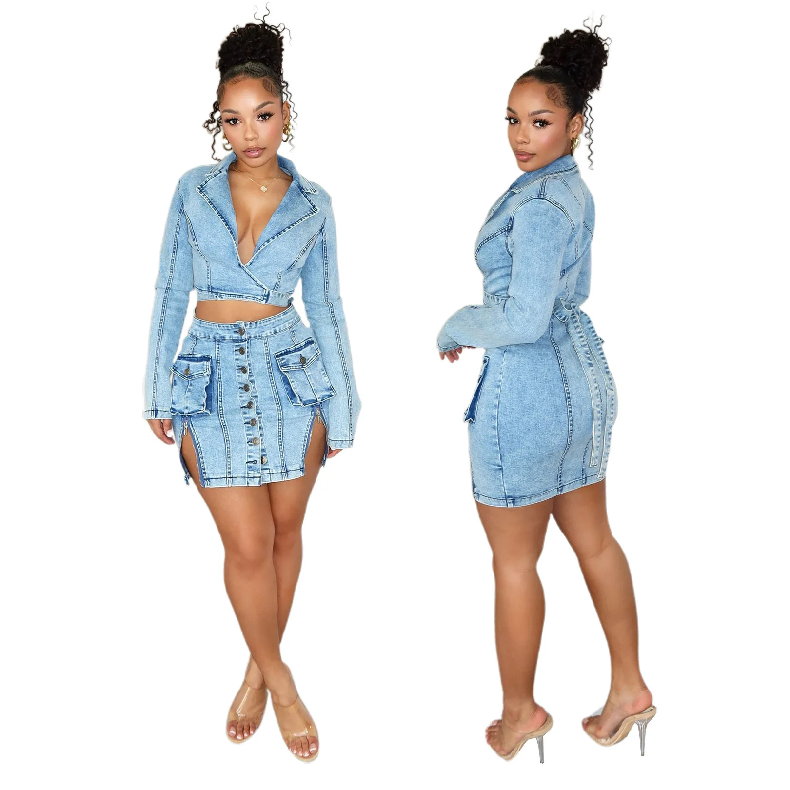 

European and American Sexy and Slim-fit Denim Dress, Women's Spring Fashion Polo Collar, Long-sleeved Hollowed-out Short Dress