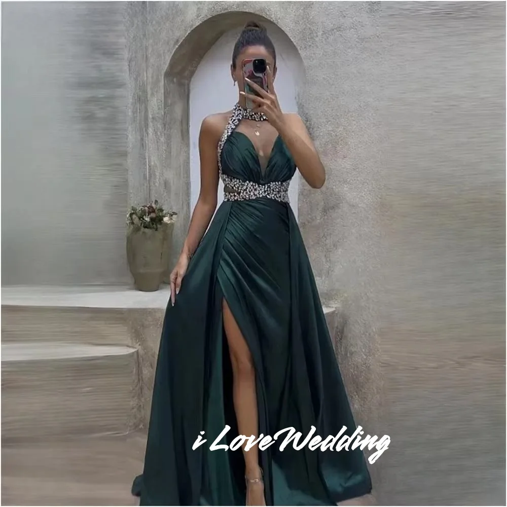 

Темно-зеленые вечерние платья трапециевидной формы с лямкой на шее и кристаллами из бисера, платья для выпускного вечера с разрезом по бокам, без рукавов, с открытой спиной, длиной до пола, плиссированные по индивидуальному заказу