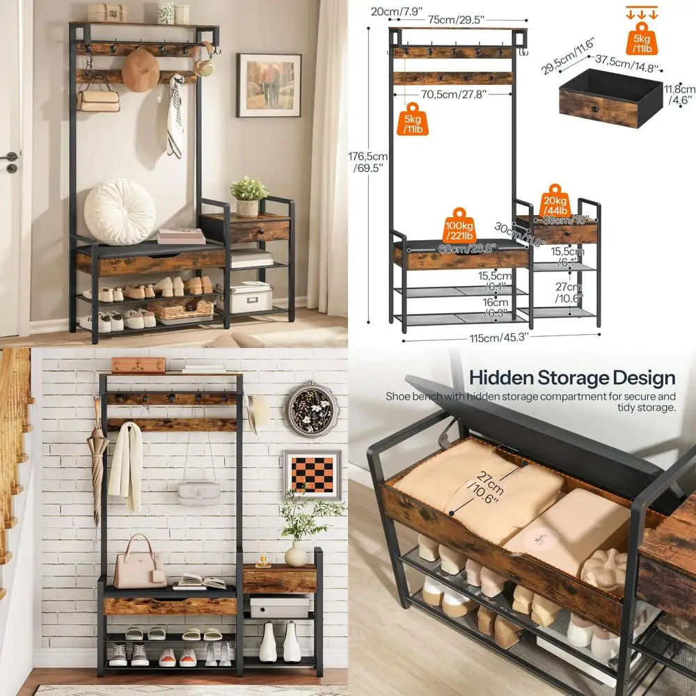 

Entryway Hall Tree Bench with Shoe Storage and Coat Rack, Flip-Top Storage, Cushioned Seat, PU Leather