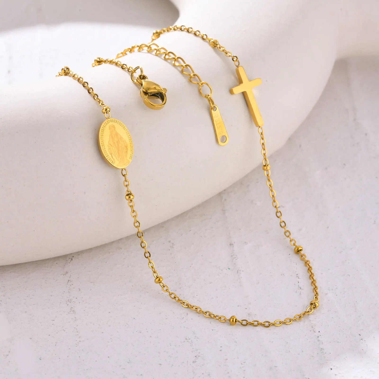 Christian Catholic Cross Necklace for Women,Stainless Steel Saint Benedict Rolo Chain Oval Our Lady Necklace, Religious Jewelry