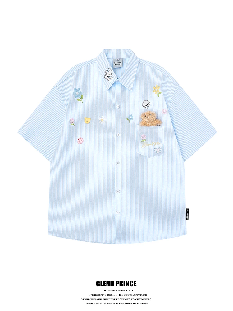 Dopamine Bear Stripe Short Sleeve Embroidered Shirt Men's Summer New Korean Style Lazy Chic Shirt Loose Fit Breathable Cotton...