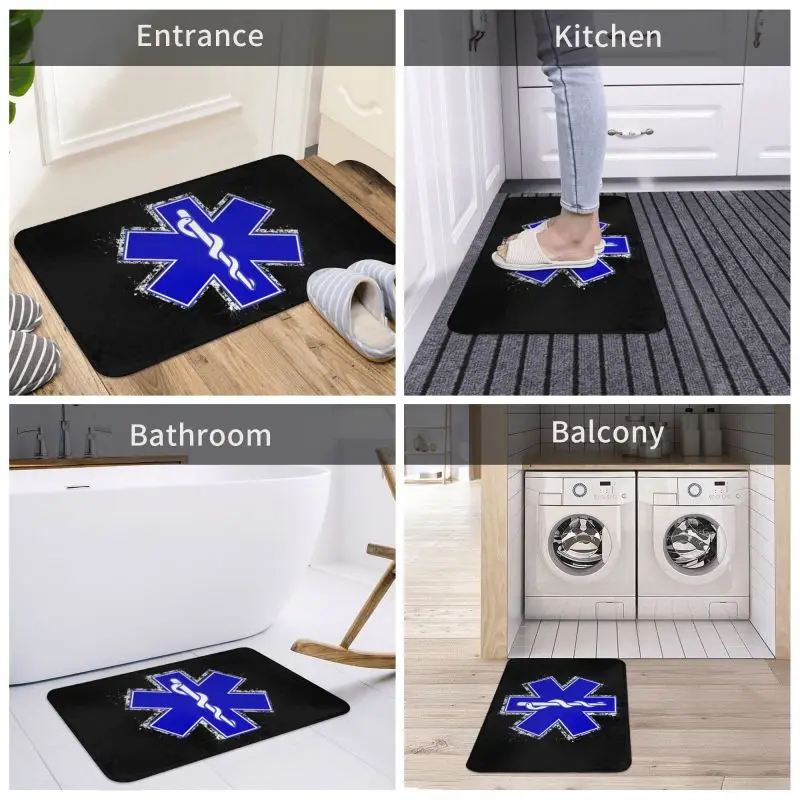 Emt Star Of Life Front Door Mat Anti-Slip Indoor Absorbent Paramedic Medical Doormat Kitchen Balcony Entrance Rug Carpet