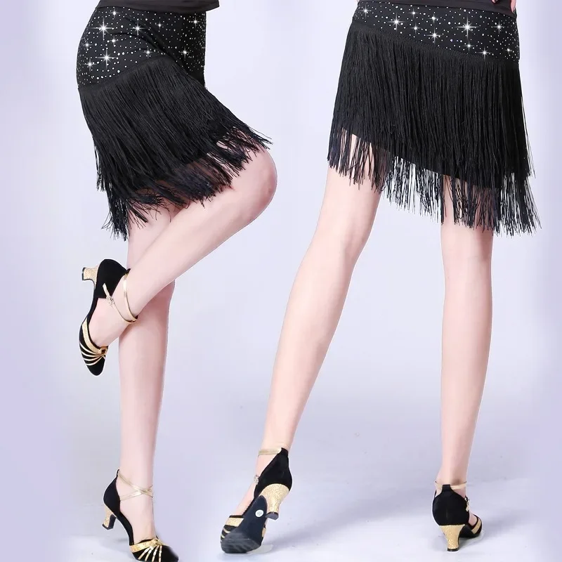 Female Adult Latin Dance Skirt Sexy Black Red Milk Silk Summer Tassel Sequin Performance Costume Square Dance Costume Women