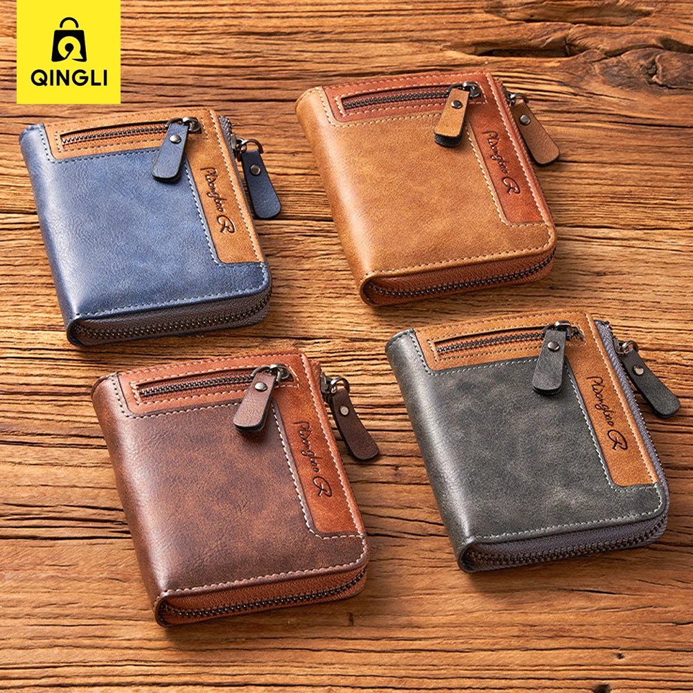 New RFID Real Leather Men's Wallet Anti-thef Fashion Stitching Sewing Leather Wallets Zipper Credit Card Holder Coin Money Bag