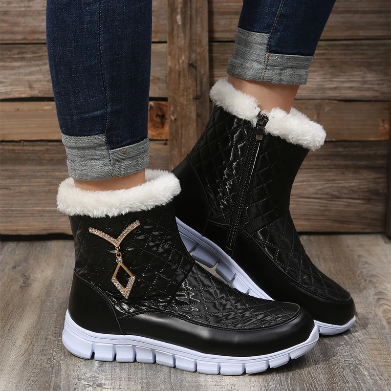 Women\'s Thick waterproof down snow boots Fashion warm plush Metal Decoration winter boots Non-slip PU Leather zipper Ankle Boots