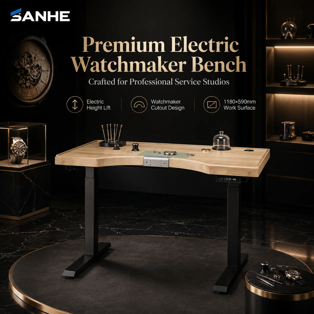 Electric Adjustable Jewelry Workbench Handmade From Solid Rubberwood