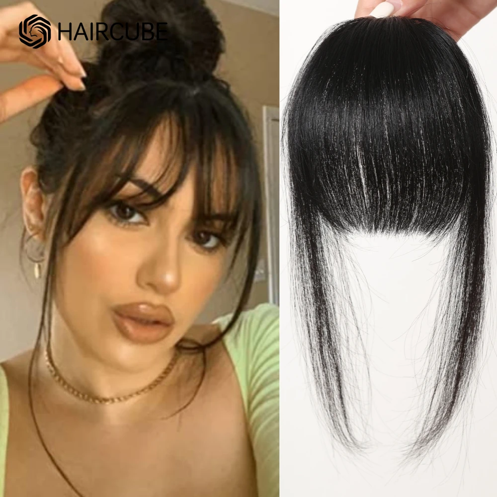 100% rambut manusia poni klip rambut dalam poni hitam alami Wispy Bang pinggiran dengan candi rambut palsu untuk wanita klip di udara Bang 4.5in