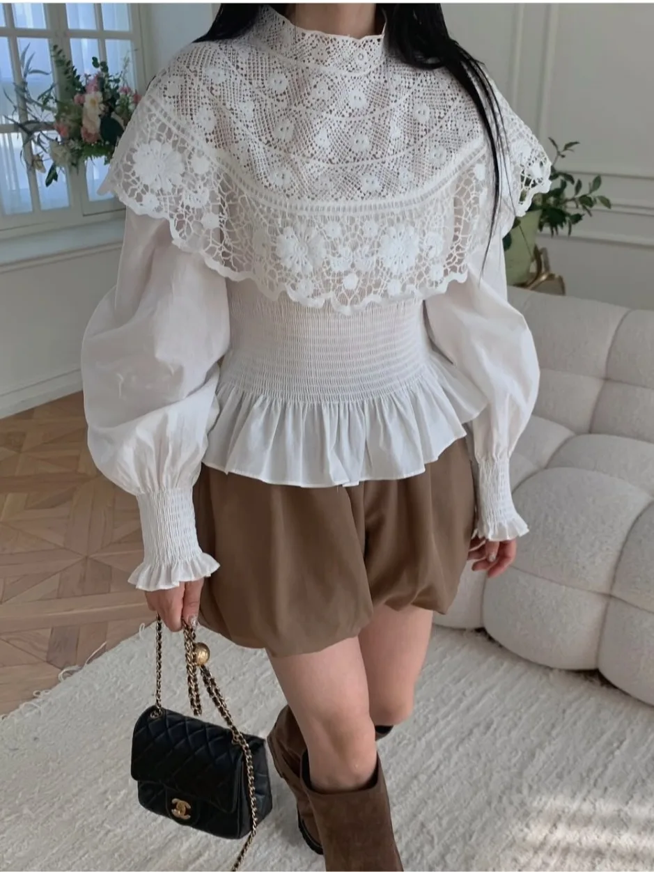 Ele Lace Trim Hollow out irt Feminino Emagrecimento Cintura Design Primavera Outono Faionable Commute Sle Long Sve Top