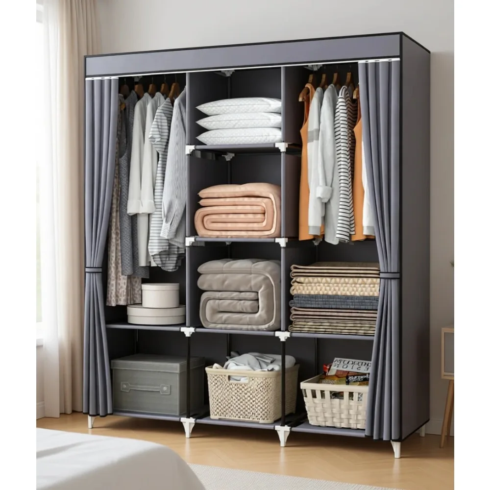 

Портативный шкаф для одежды 51 дюйм с двумя штангами и 8 полками, прочный, простой в сборке, серый