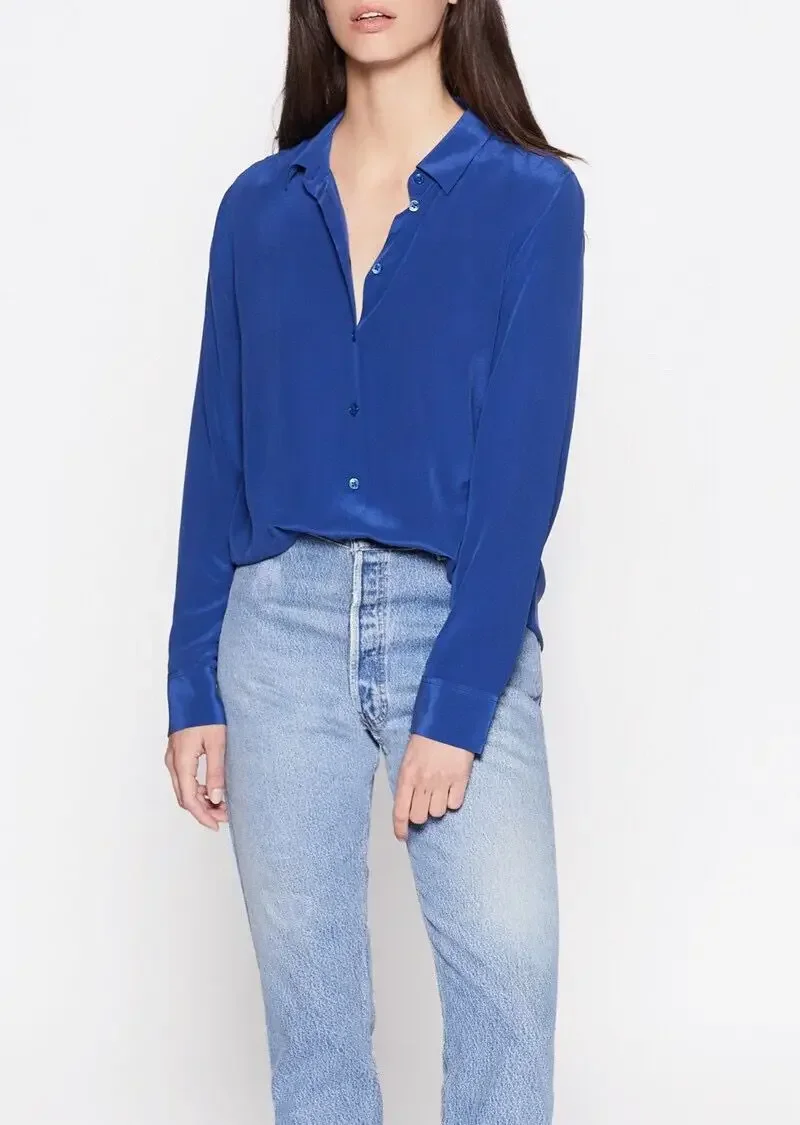 EQ Solid Color Silk Shirt 21 Colors Option 2024 New Sand-washed Mulberry Silk Long Sleeve Shirt OL Women SILK Blouse Blue