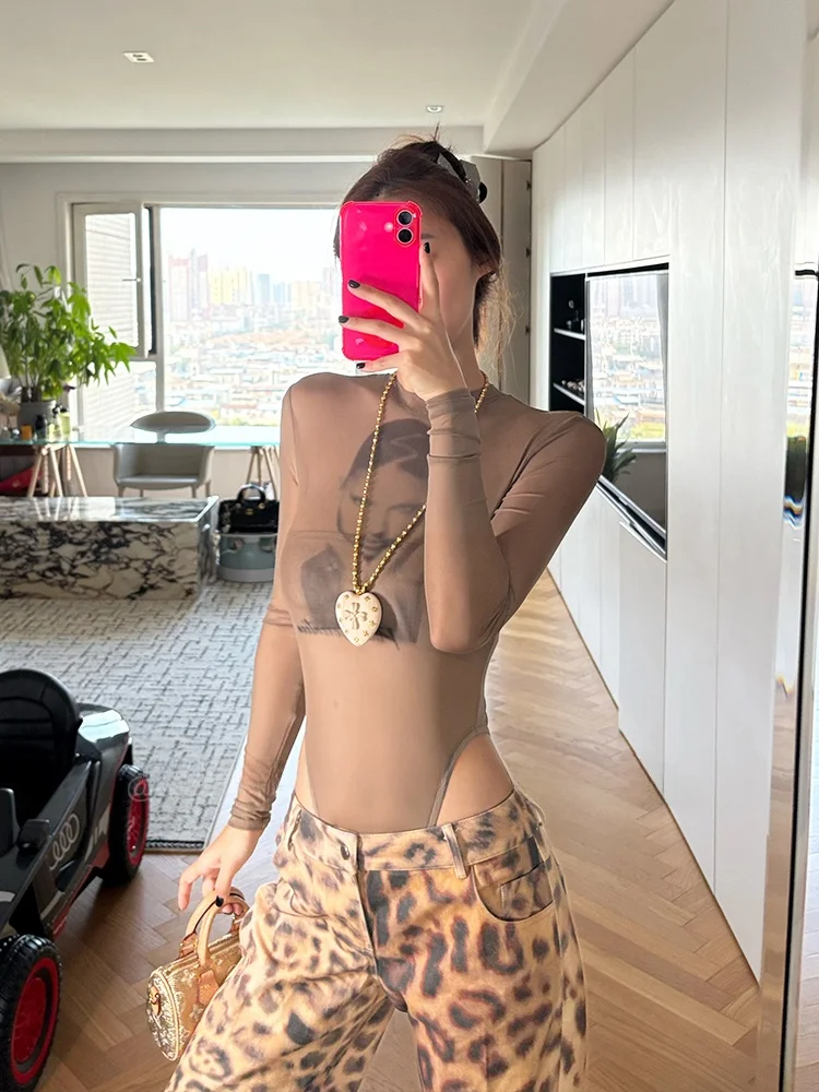 Retro American Hot Girl Print Long Sve Round Ne Me T-Shirt Onesie Damen Frühling Herbst Inner Wear Base IRT Top