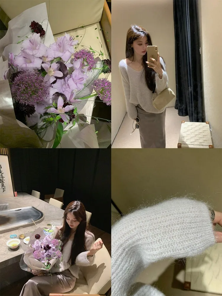 

Seeyouiceland Простой широкий свитер с V-образным вырезом, вязаный шерстяной, женский, стандартный крой, с длинными рукавами, средней длины, однотонный, для повседневной носки