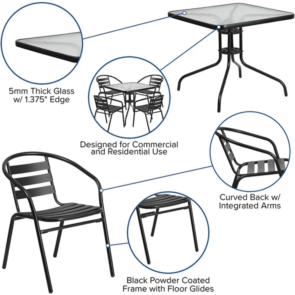 Ensemble de salle à manger de 5 pièces, avec table carrée en verre et en métal de 31.5 pouces et 4 chaises à dossier à lamelles empilables, table d'intérieur/d'extérieur