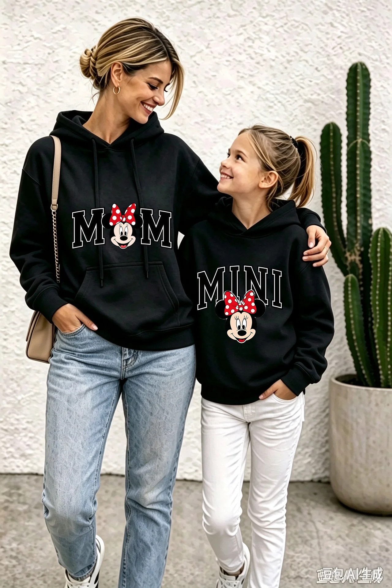 Mother Daughter Matching Hoodie Set, Mom Mini Minnie Mouse Graphic Pullover Sweatshirt, Casual Long Sleeve Tops for Mommy and Me