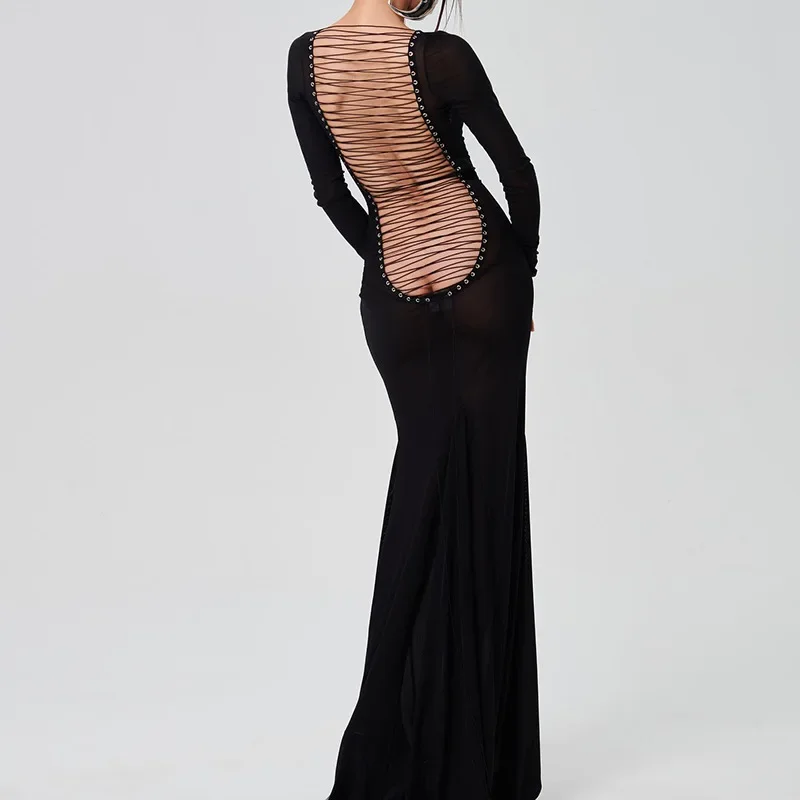 See Through Sheer Sexy Slim Bodycon Maxi Dress 2023 Mesh Black Long Sleeve Backless Summer Women Beach Nightclub Outfit