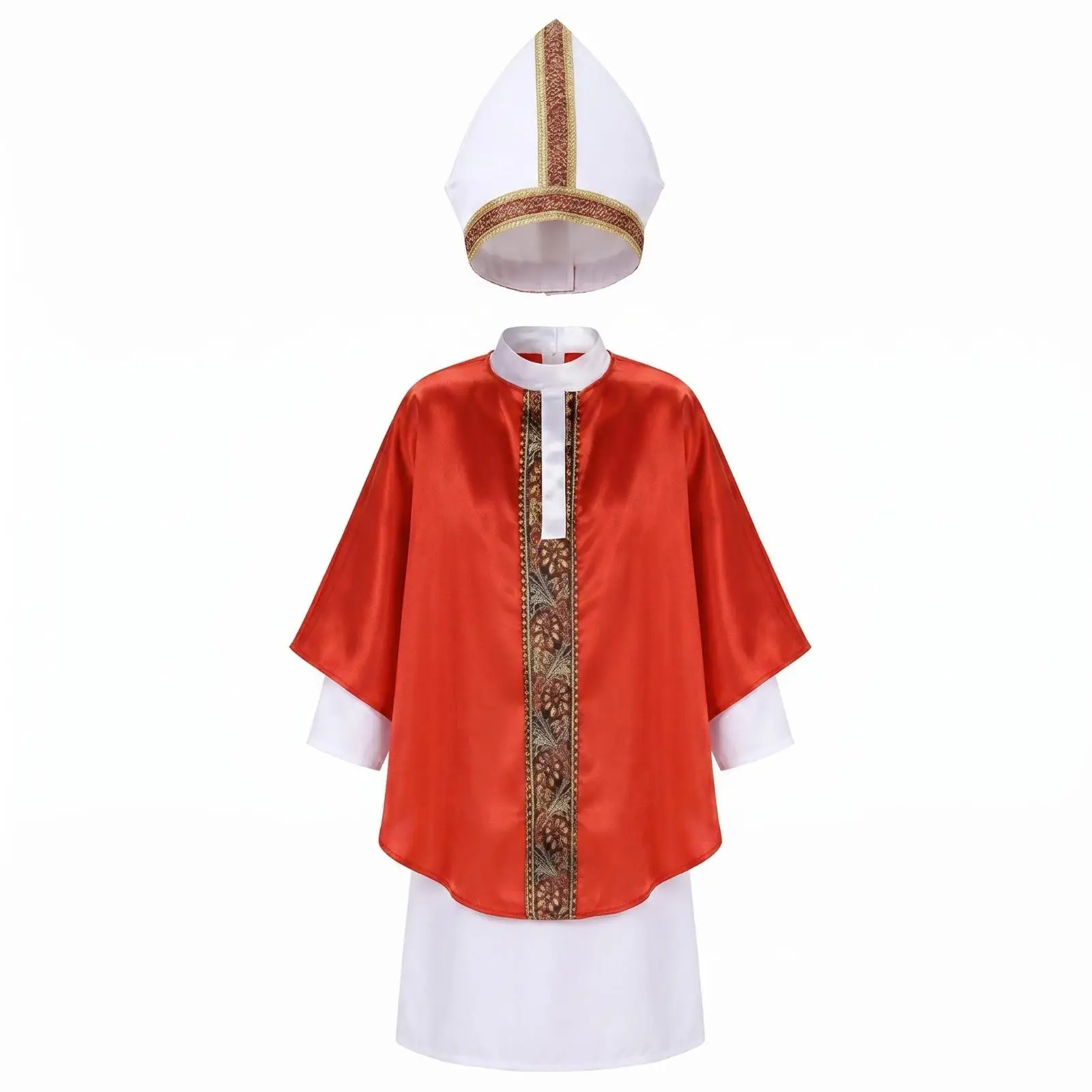 Dress and cloak with decorated trim, long-sleeved clergy dress for