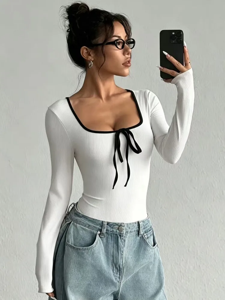 Absobe Women Solid Color Bow Ribbed Bodysuits U Neck Long Sleeve Tight Fit Button Tops Sexy Fashion Streetwear Summer New Outfit view 4