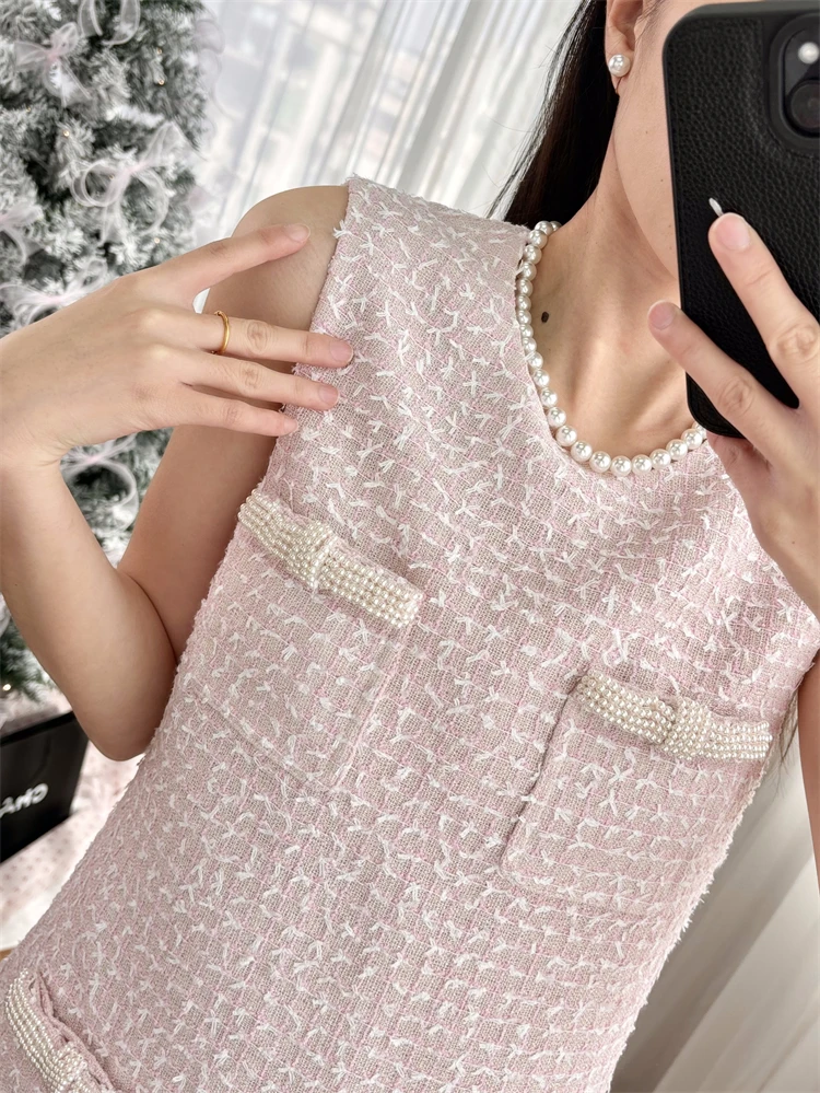 Party Dresses for Women Pink Pearl Tweed Dress Sweet 2025 Early Spring New Item Dresses for Women 2024 Luxury Designer Evening