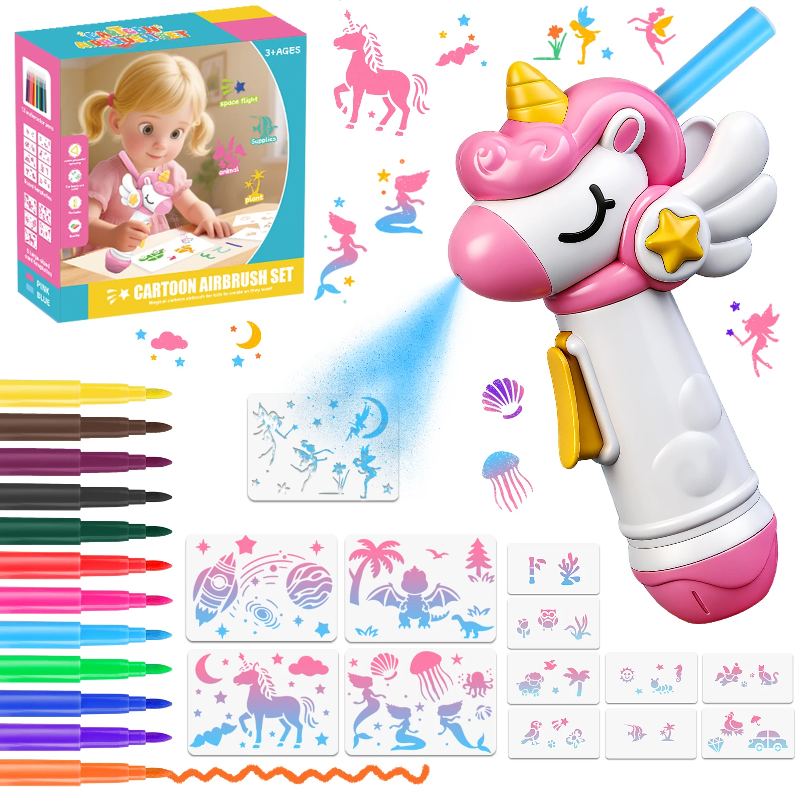 Nicknack Unicorn Airbrush Spray Art Kit for Kids Craft Toy Girls 3+ Marker Paint Set