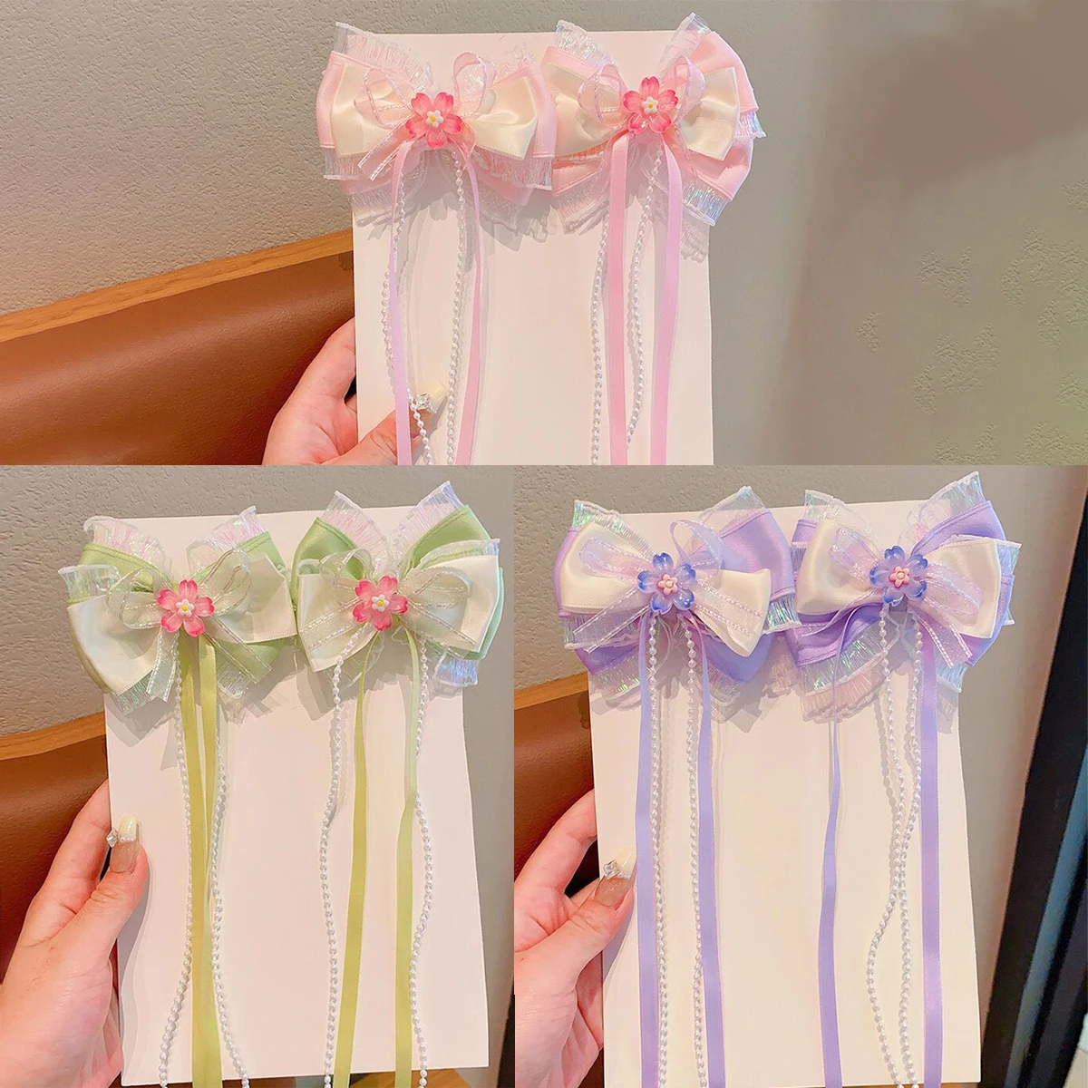 Long Ribbon Bow Hair Clip Sakura Princess Hair Clip Sweet Pearl Tassels Duckbill-clip Lolita Hair Accessory for Girl