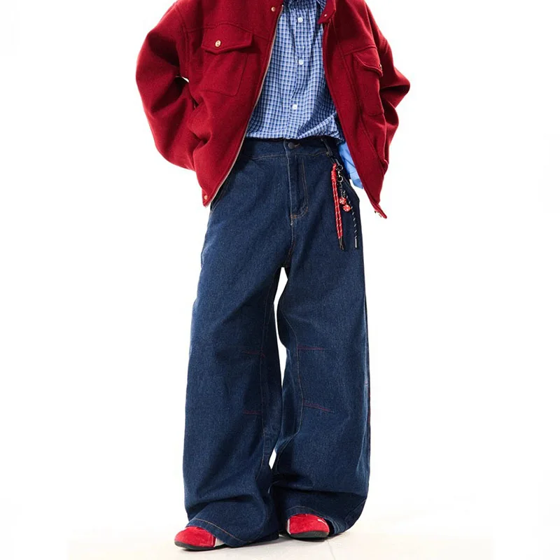 

New Korean Retro Blue Straight Leg Jeans Casual Loose Wide Leg Pants Fashion Men's Wide Jeans High Quality Pants