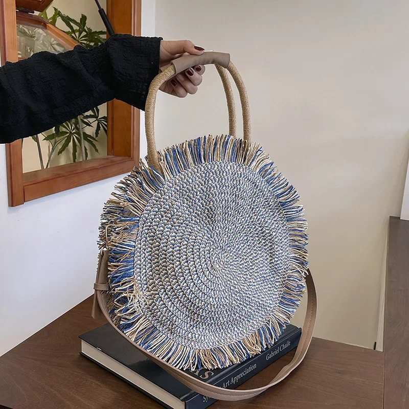 

Летняя круглая соломенная сумка с кисточками, вязаная крючком женская сумка ручной работы, дорожные пляжные сумки для женщин, 2025 год, сумка, вязаные тканые сумки