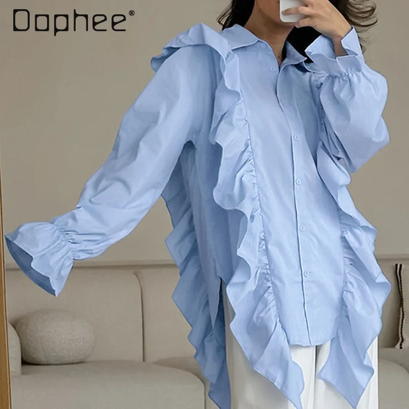 

Elegant Ruffle Shirts Long Sleeve Turn Down Collar Single-breasted Blouse Solid Color Loose Casual Blue Pink All Match