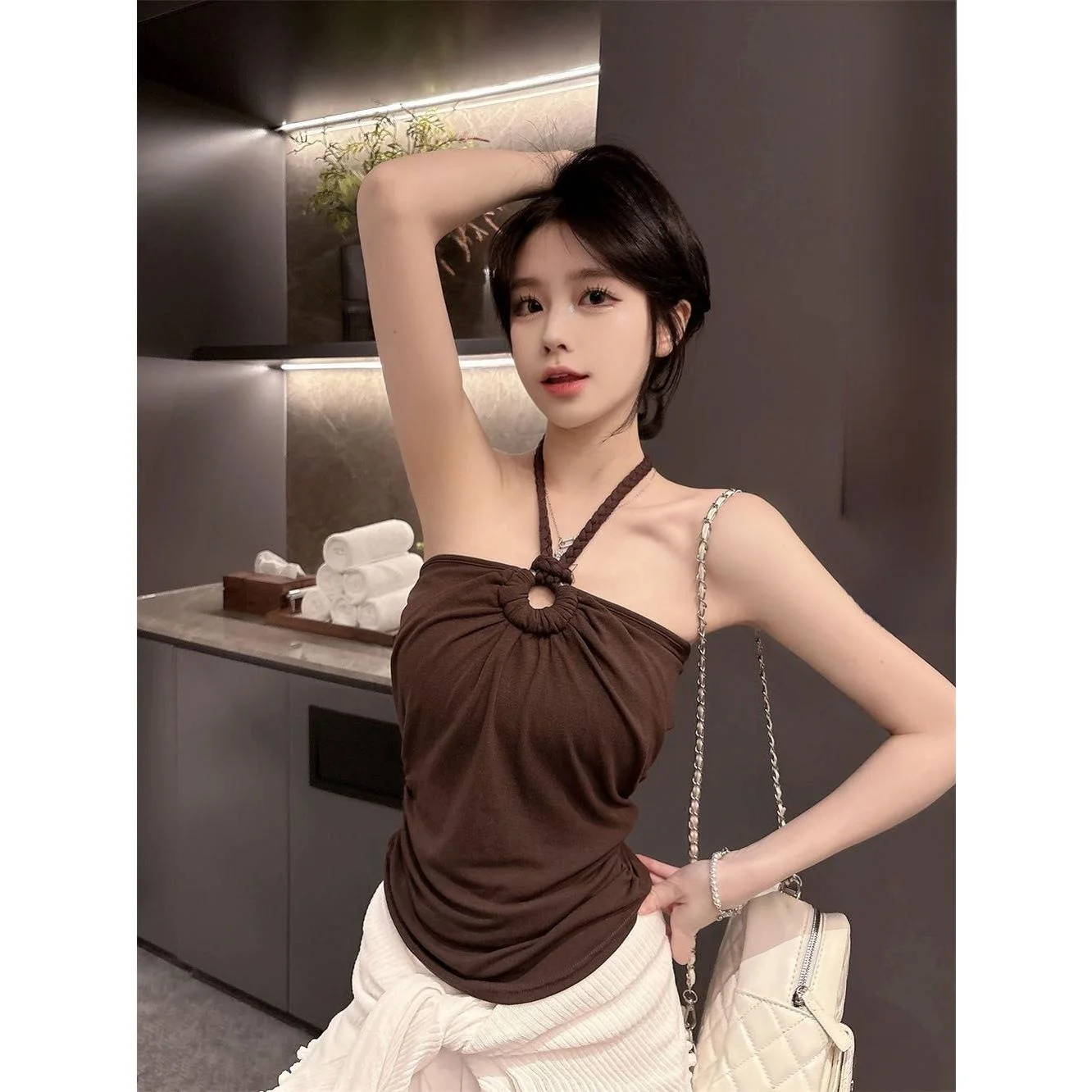 Sexy Girl Seed Bead Hemp Rope Halter Neck Vest Women Summer Outdoor Backless Slim Fit Sleeveless Top with Chest Pad