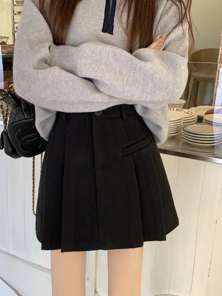 Saia  de Lã Preta Plus Size para Mulheres, Estilo de Moda Outono Inverno, Psada, Versão Coreana