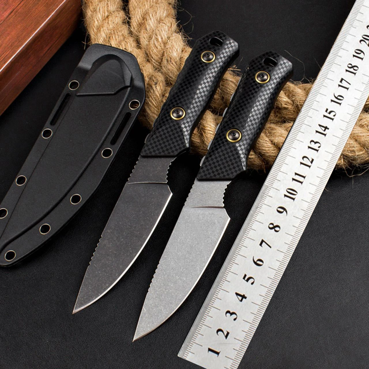 Survival Knife Outdoor Fixed Knife Stone Wash D2 Blades with Santoprene Sheath Hunting Tactical Self Defense Gear Tools