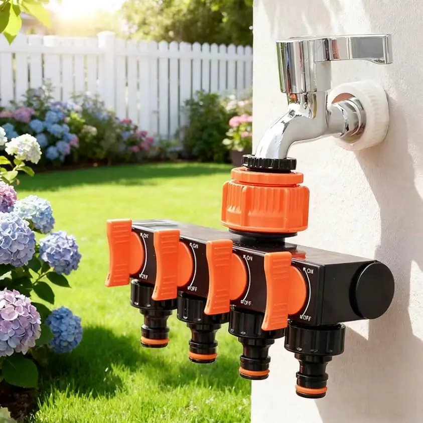

Heavy Duty 4 Way Hose Splitter Water Distributor Faucet Connector Garden Irrigation Fittings for Yard Lawn Watering Outdoor Use