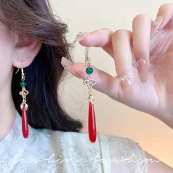 Ethnic Style Auspicious Clouds Earrings for female Ancient style long Delicate tassel Ear Clip Red water drop pendant ear Hook