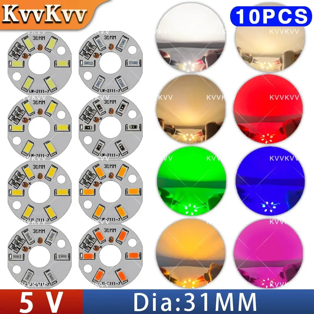 10PCS SMD5730 5V 3W RGB Color LED Lamp Bead Round Light Board 31mm Dia, White/Red/Blue/Yellow/Purple, 3000K-6000K, DIY