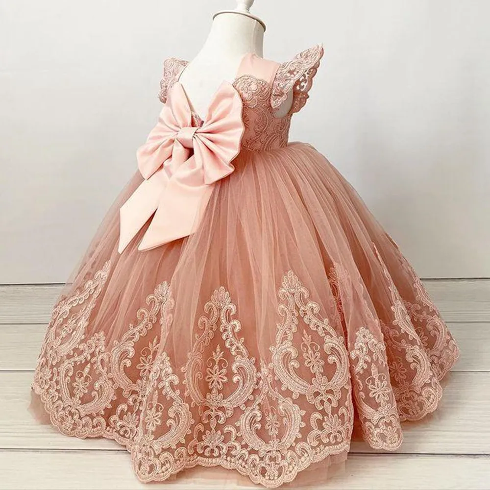 Flower Girl Dresses Elegant Princess Satin Ball Gown For Kids Birthday Party Simple Bow First Communion Bandage