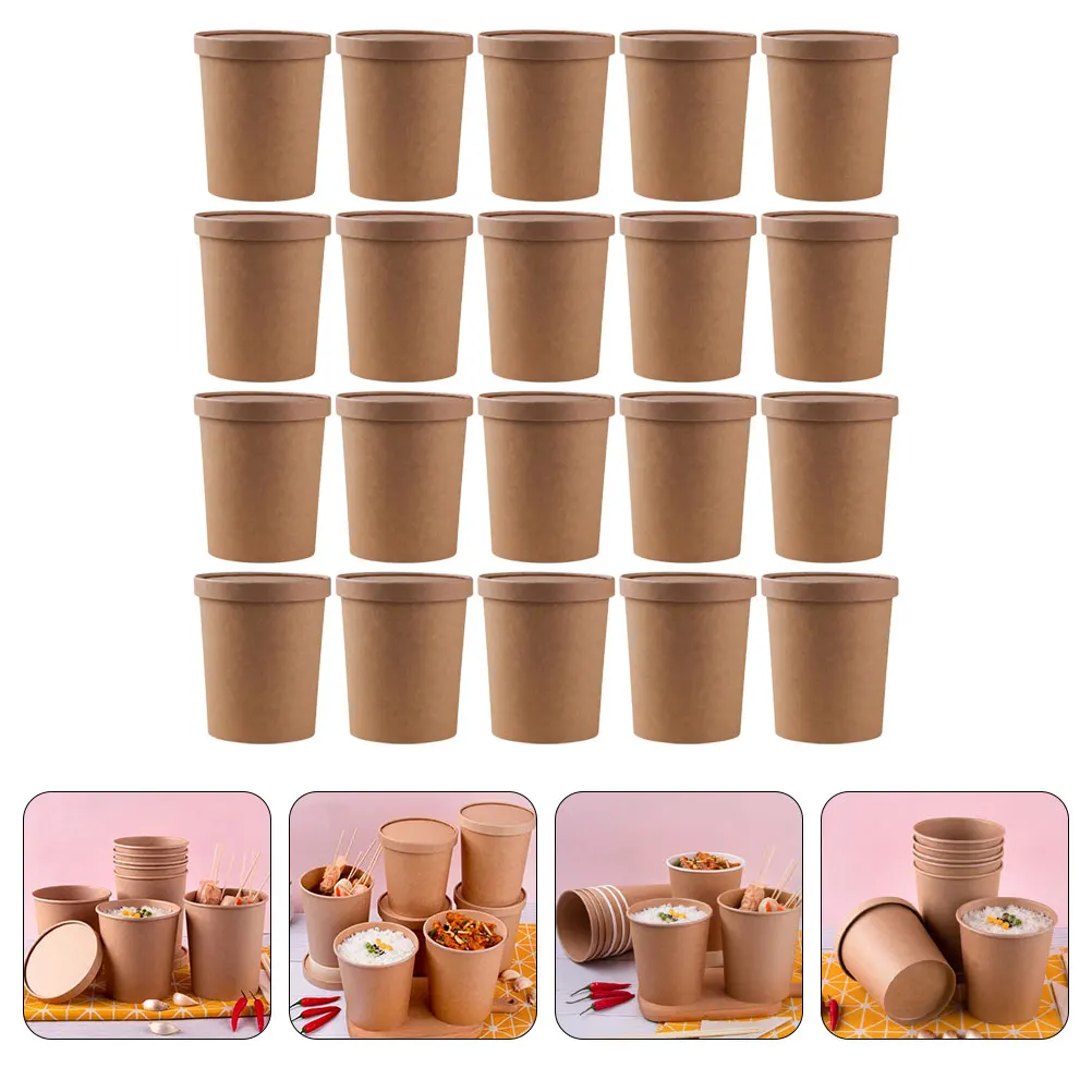 

25 set Paper Takeout Cups With Lids Disposable Containers Portable Food Bowls For Ice Cream Porridge Soup Rice Waterproof Kraft