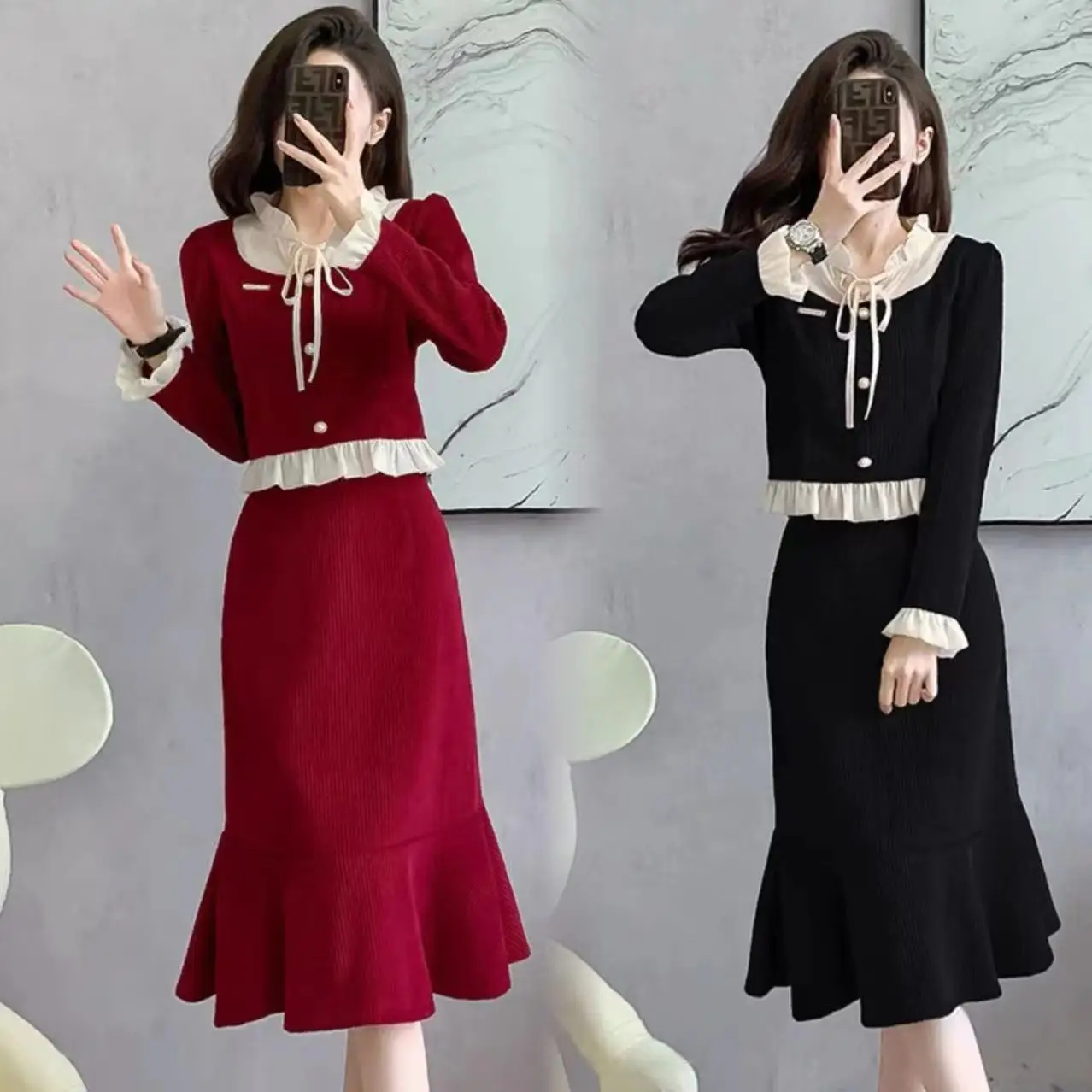 

Fashion Suit for Women Spring and Autumn Korean New Style Waist Cinched Long Sleeved Top Half Skirt Two-piece Set