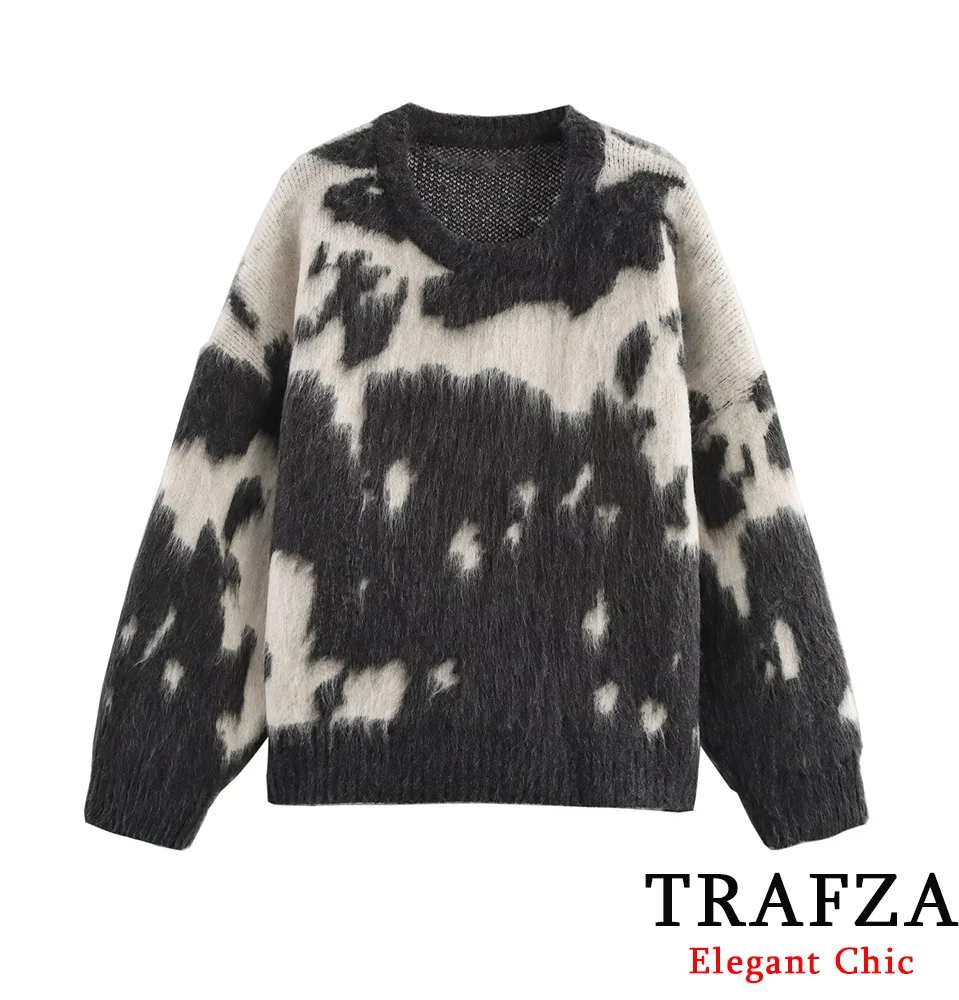 TRAFZA Women Fashion Black/White Tie-Dye Sweater Charming Loose Sweater New 2024 Autumn/Winter Casual Vibrant Pullover Sweater