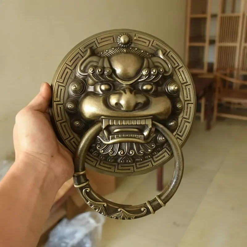 Antique pure copper beast head door ring Chinese lion head tiger head handle unicorn door handle retro wooden door pull ring