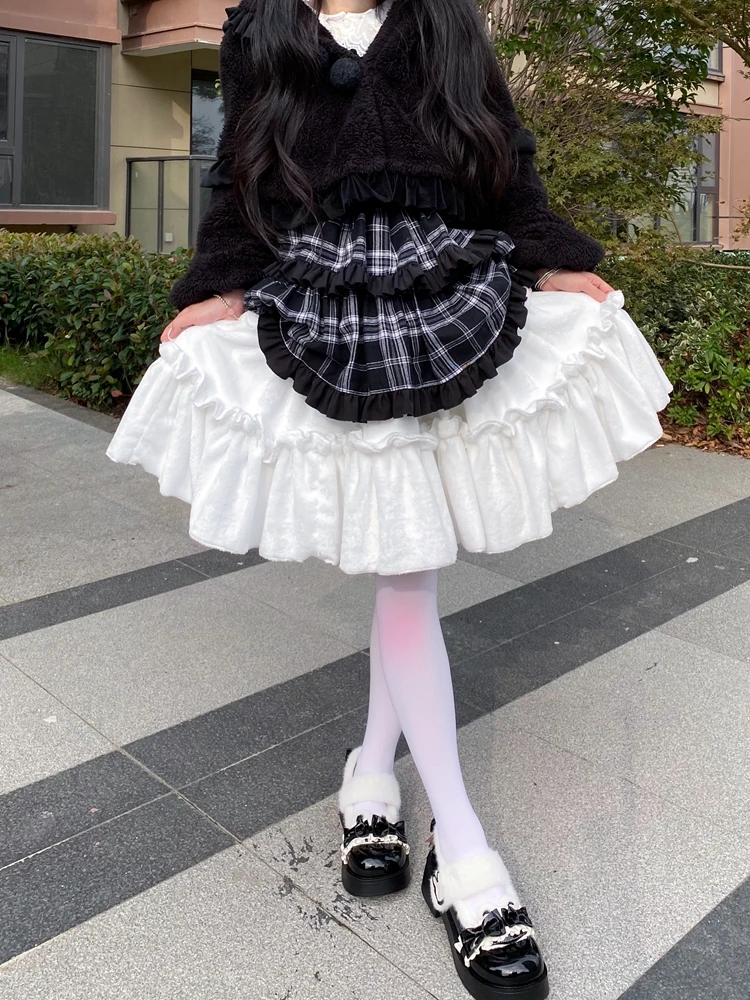 Harajuku ผู้หญิงฤดูหนาว Thicken Warm Plush กระโปรง Y2k หวานสีชมพูสีขาวสูงเอวจีบ Fluffy ขนแกะ Kawaii Lolita ROK Mini