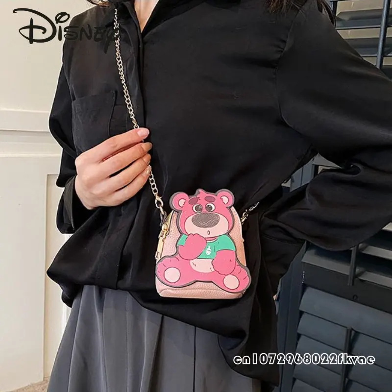 Disney Strawberry Bear Women\'s Crossbody Bag High Quality Chain Girl Handheld Pink Shoulder Bag Cute Cartoon Mini Shopping Bag