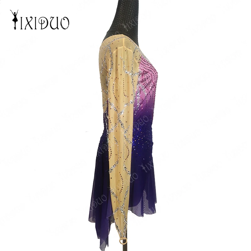 فستان للتزلج على الجليد بأكمام طويلة للبنات ، حجر الراين اللامع ، شبكة يوتار ، ملابس الرقص للرقص الغنائي ، الجمباز الباليه ، 6-16 سنة #3