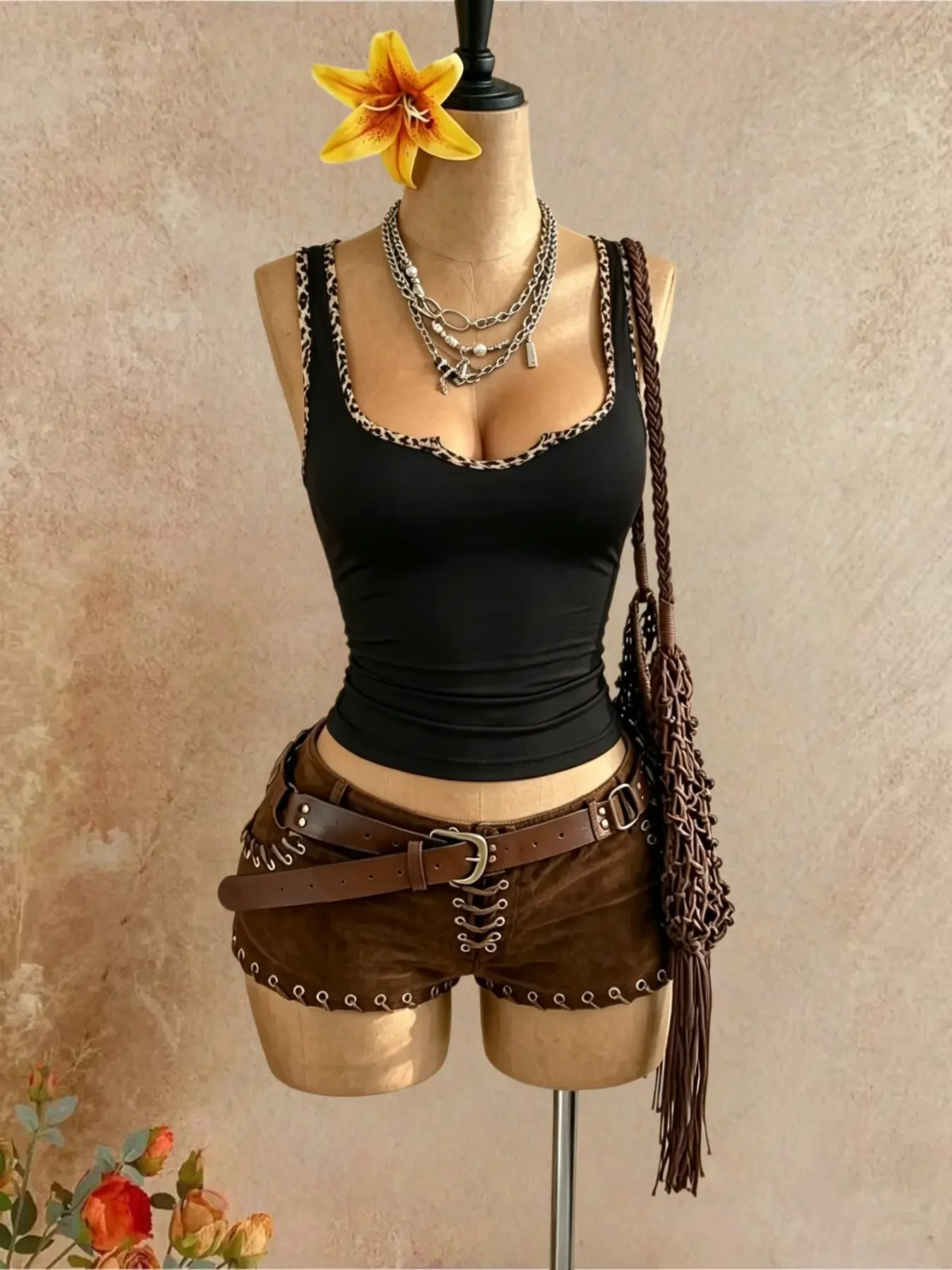 Women U Neck Tank Top With Leopard Edge Sleeveless Slim Stretch Knit Camisole Retro Western Vest For Festival Concert Daily Wear