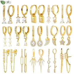 Brincos de argola em prata esterlina 925 e ouro 18k para mulheres, agulha, elegante, cristais brancos, pequenos, pingente, joias luxuosas, moda