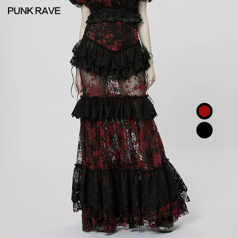 PUNK RAVE Women's Gothic Perspective Gorgeous Lace Skirt Side Velvet Drawcord Design Fashion Personality Long Skirts Women