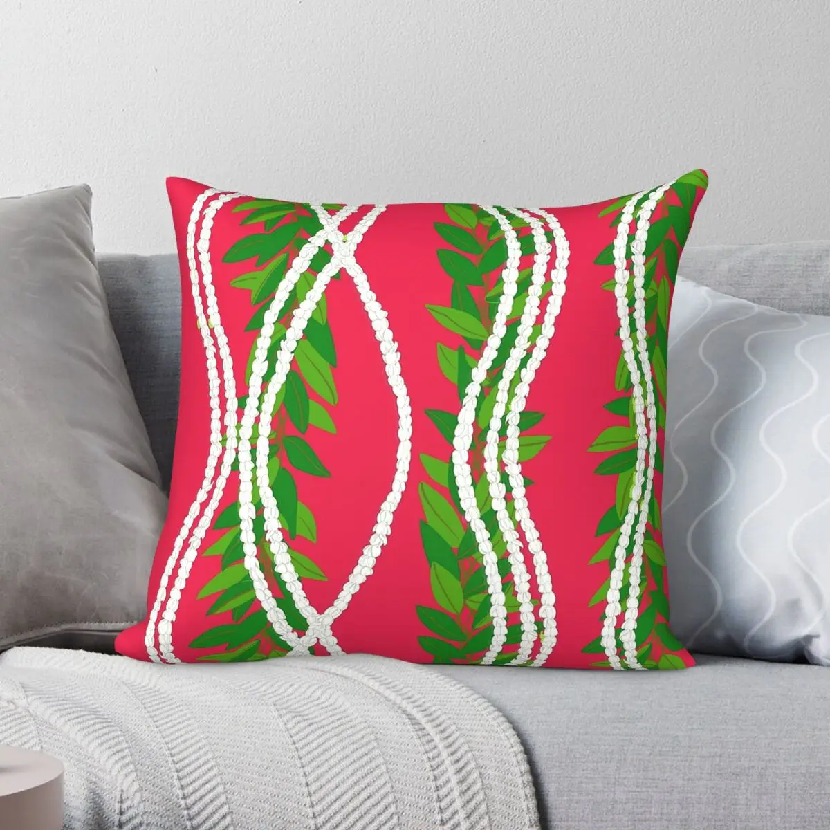 Funda de almohada cuadrada roja hawaiana Maile Pikake, de poliéster, lino, terciopelo, con cremallera creativa, decorativa, para coche