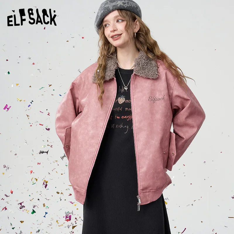 ELFSACK 2024 Winter New Arrivals Sweet and cool pink PU warm jacket faux fur collar contrast color leather jacket