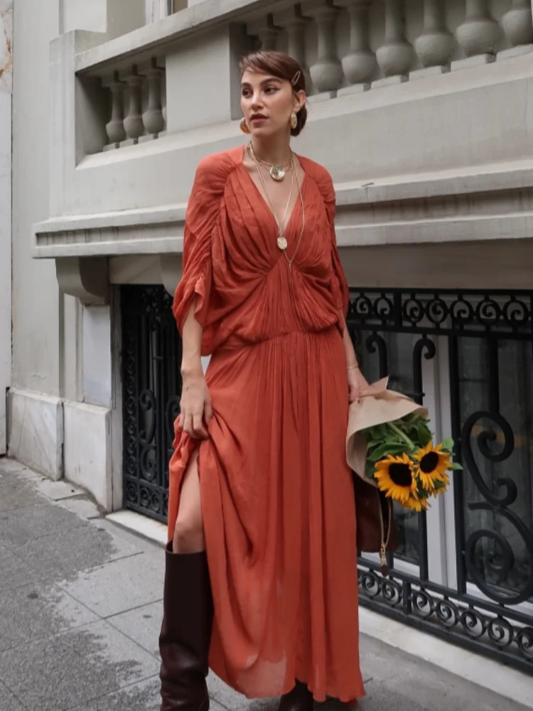 Elegante abito lungo a pieghe con maniche a lanterna Donna Chic scollo a V sciolto a vita alta pieghe Abiti da festa 2025 Spring Party Street Robe