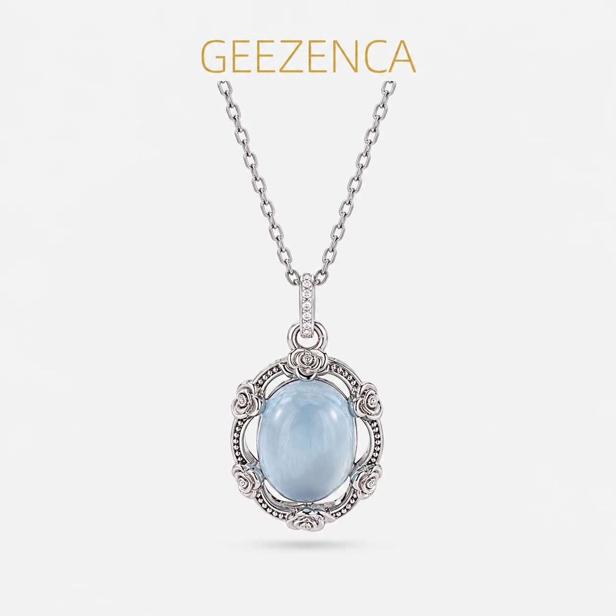 geezenca-ブルーカボションアクアマリン-925-シルバーローズハートペンダント女性エレガントトレンディ愛ギフトネックレスペンダントチェーンなし