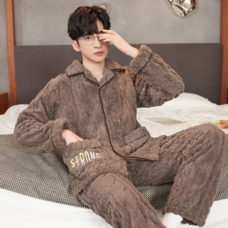 Men Pajamas Winter Coral Velvet Sleepwear Set Youth Plus Padded Warm Cotton Jacket Loungewear Outfit Young Students Home Clothes