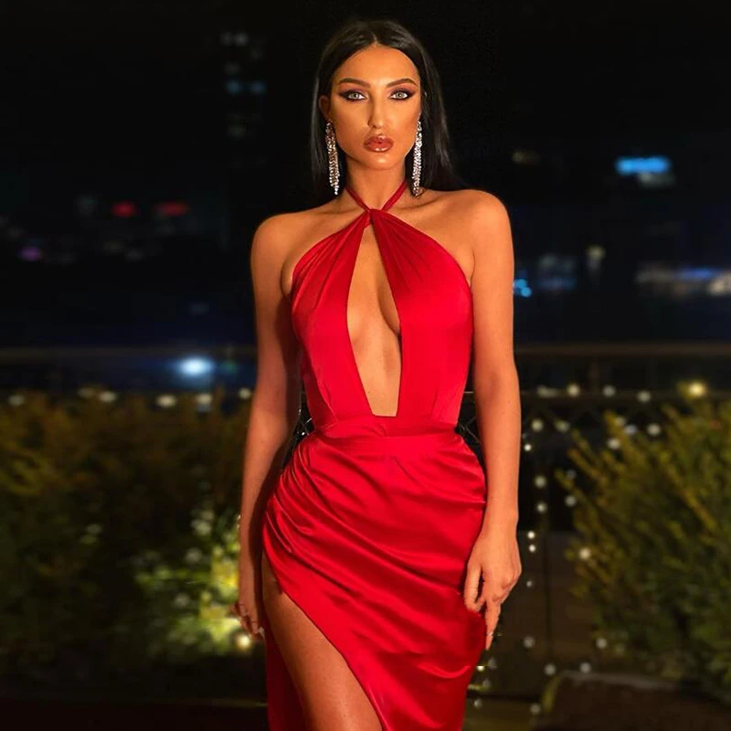 2024 Sexy Red Women\'s Dress Pleated Slit Satin Halter Sleeveless Fishtail Floor-Length Cocktail Party Ball Dress